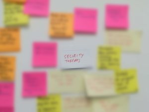 Blurred writing on sticky notes arranged on a wall. The words "Security Threats" are in the center.