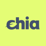 The word Chia in blue on a green background. A leaf is incorporated into the letter C.